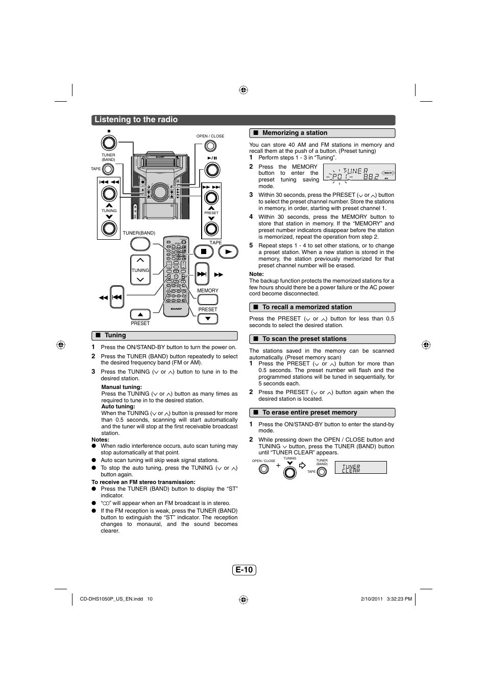 E-10 listening to the radio, Tv out) | Sharp CD DHS1050P User Manual | Page 11 / 16