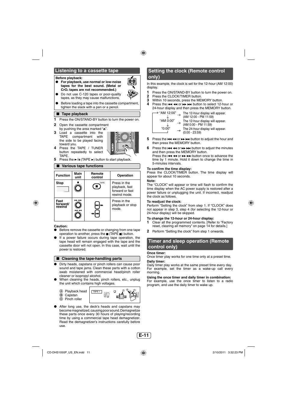 E-11 listening to a cassette tape, Timer and sleep operation (remote control only), Setting the clock (remote control only) | Sharp CD DHS1050P User Manual | Page 12 / 16