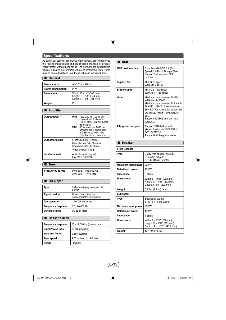 E-15 specifi cations | Sharp CD DHS1050P User Manual | Page 16 / 16