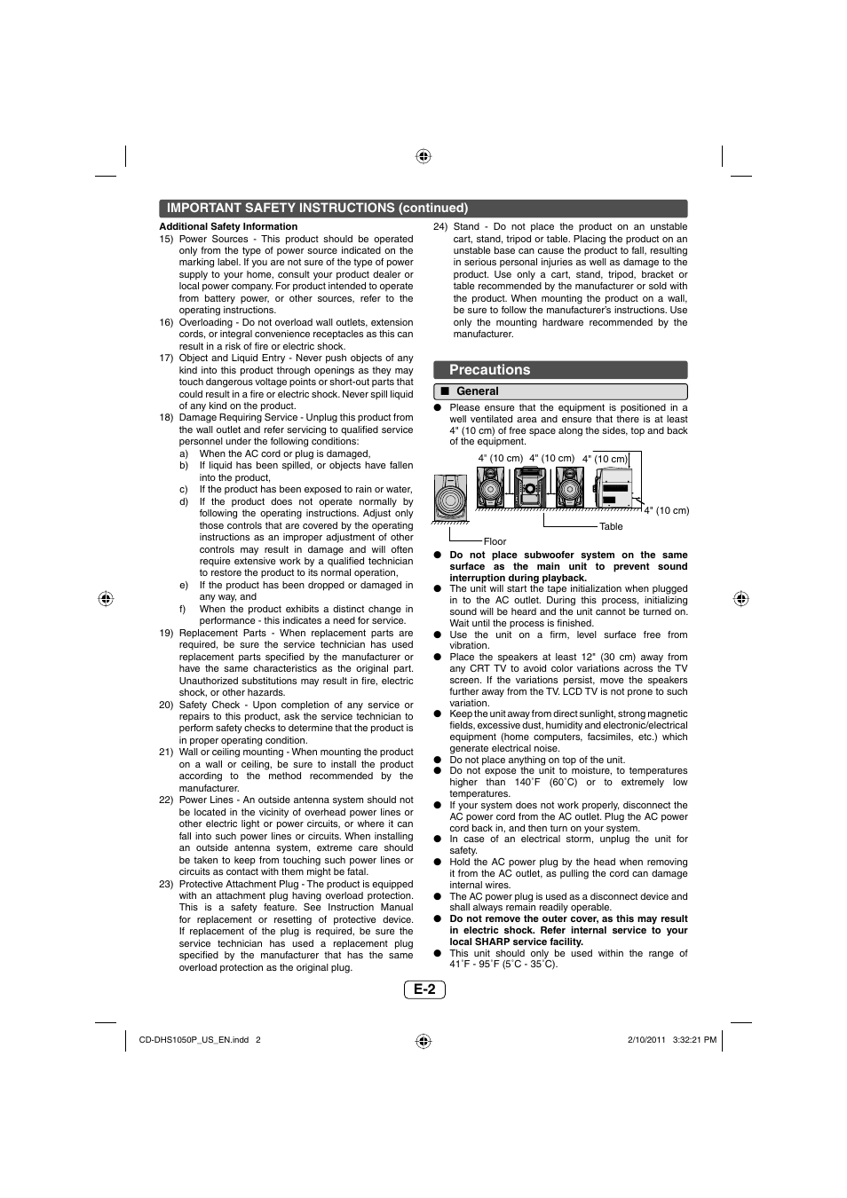 Precautions | Sharp CD DHS1050P User Manual | Page 3 / 16