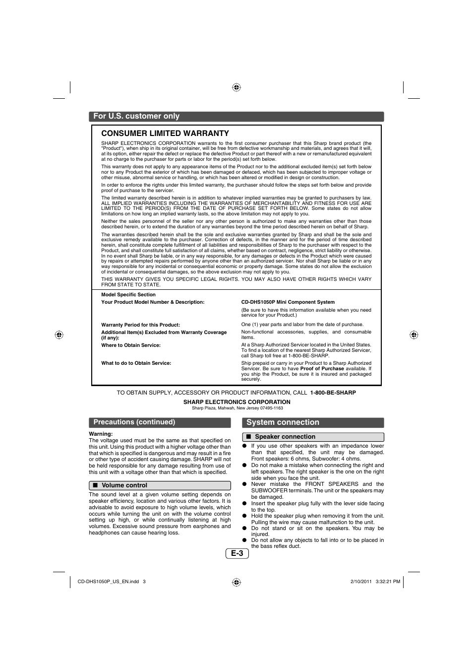 E-3 for u.s. customer only, System connection, Consumer limited warranty | Sharp CD DHS1050P User Manual | Page 4 / 16