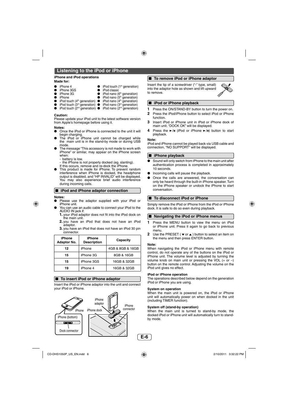 Listening to the ipod or iphone | Sharp CD DHS1050P User Manual | Page 7 / 16