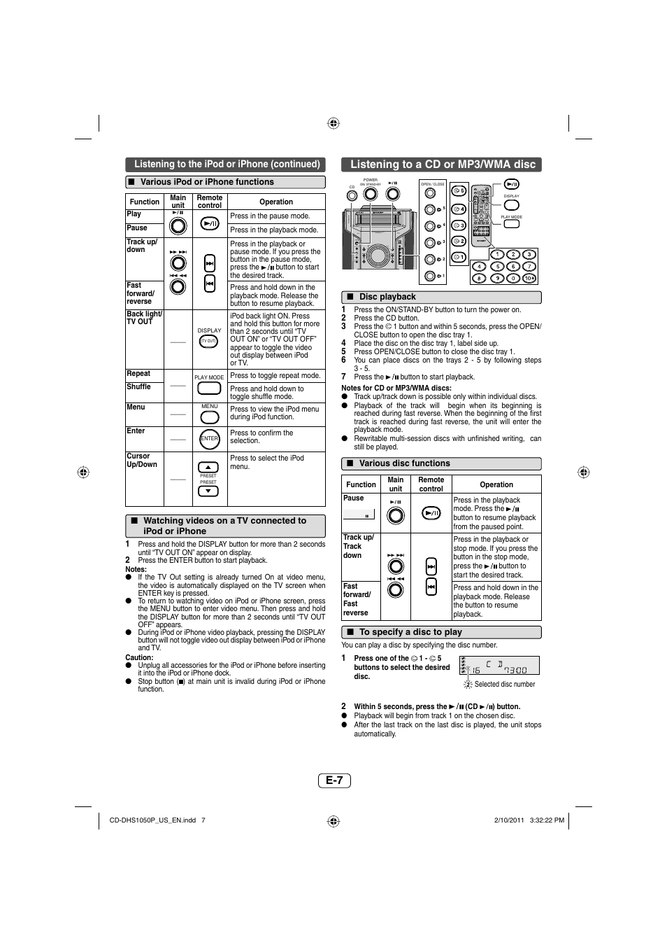Listening to a cd or mp3/wma disc | Sharp CD DHS1050P User Manual | Page 8 / 16