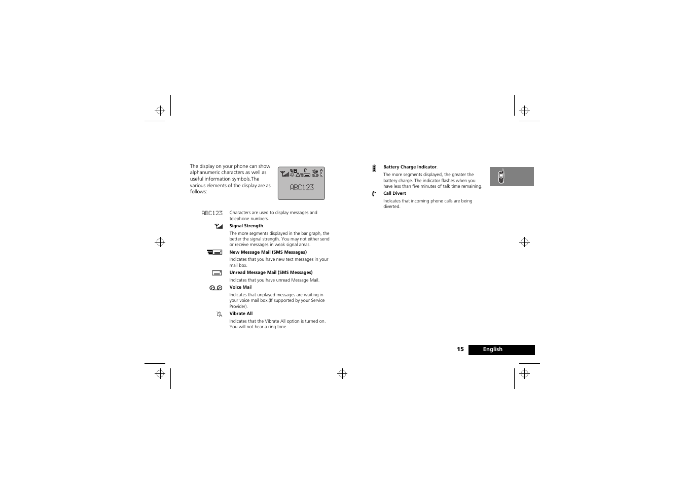 About your phone, battery and sim card, The display, Abc123 | Motorola i2000 User Manual | Page 15 / 58