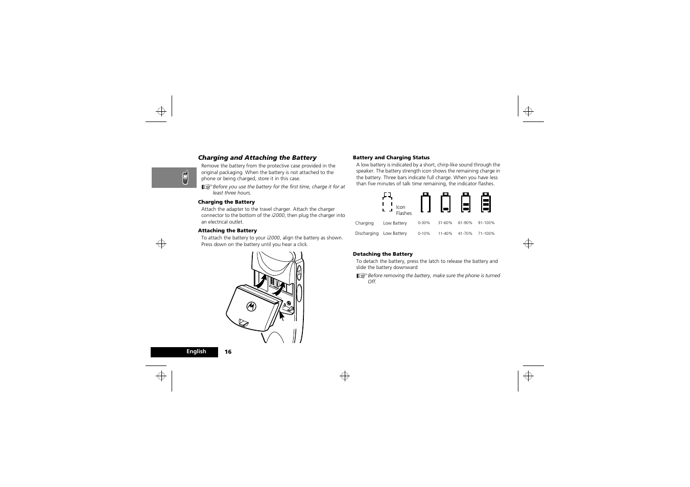 Your battery | Motorola i2000 User Manual | Page 16 / 58