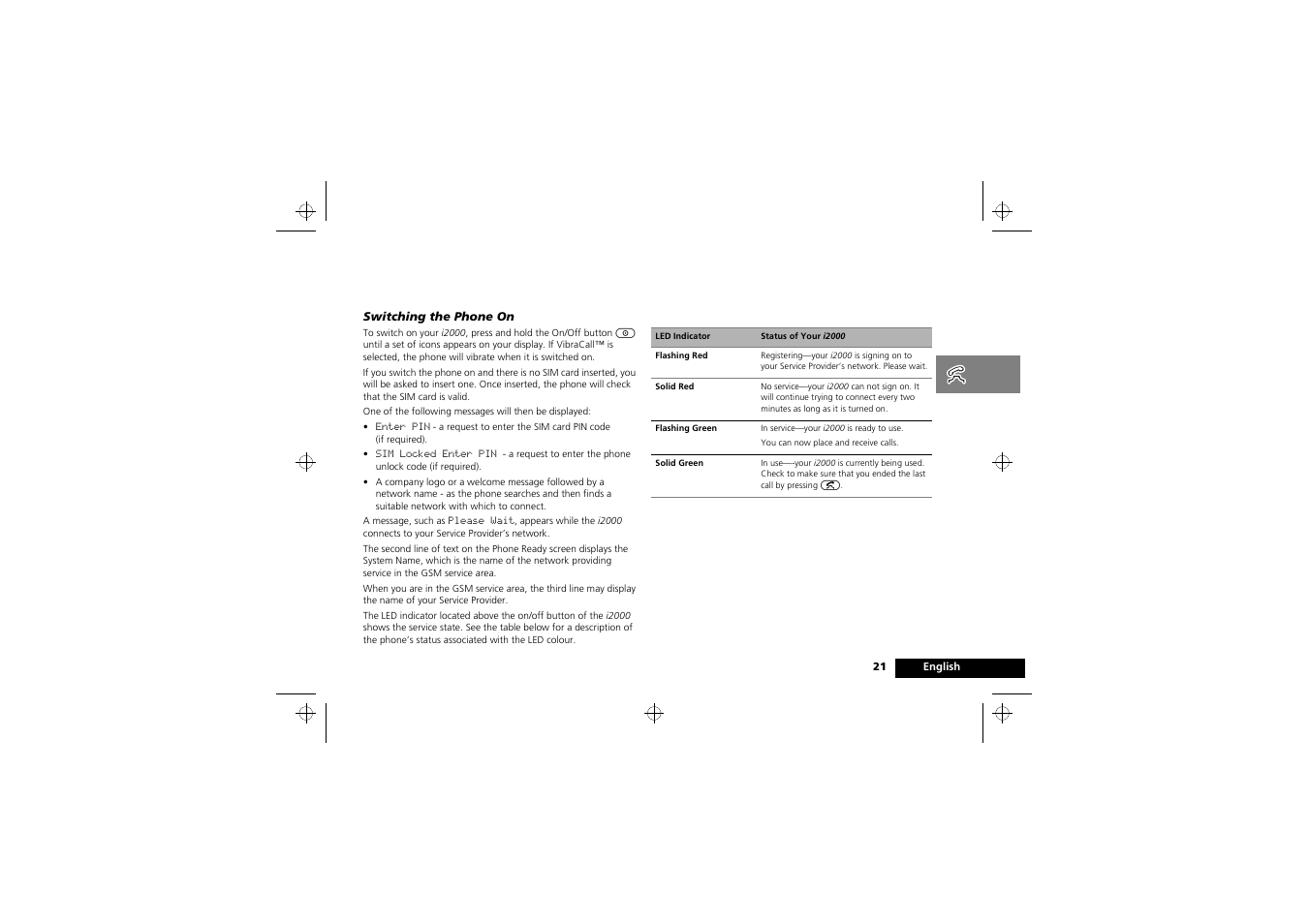 Making and receiving phone calls, Switching the phone on and off | Motorola i2000 User Manual | Page 21 / 58