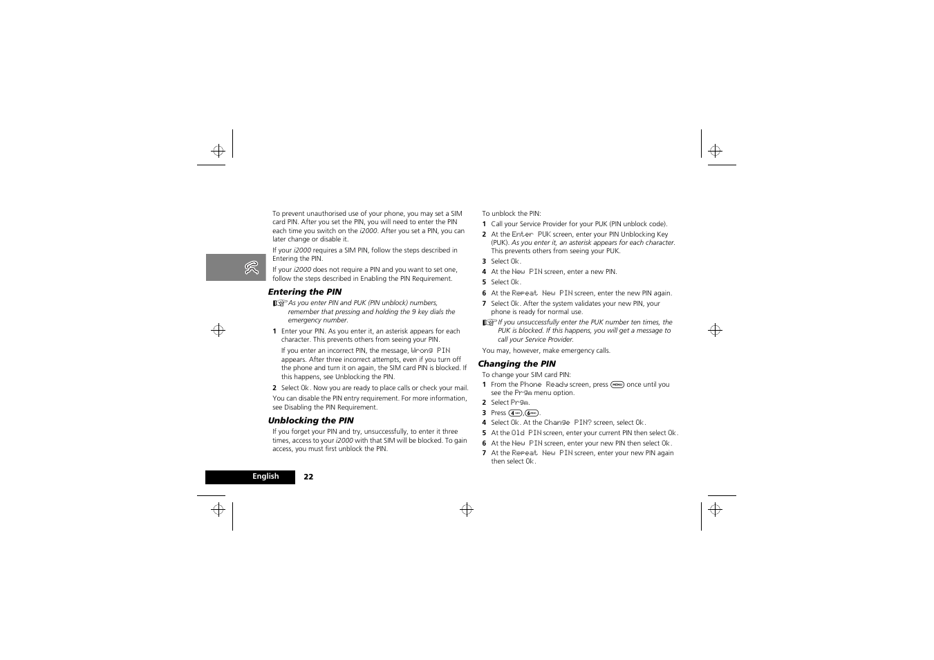 Sim card pin | Motorola i2000 User Manual | Page 22 / 58