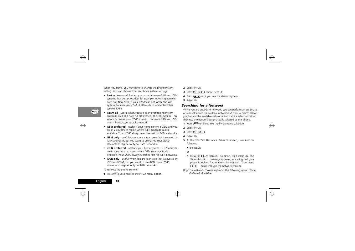 Network selection | Motorola i2000 User Manual | Page 38 / 58