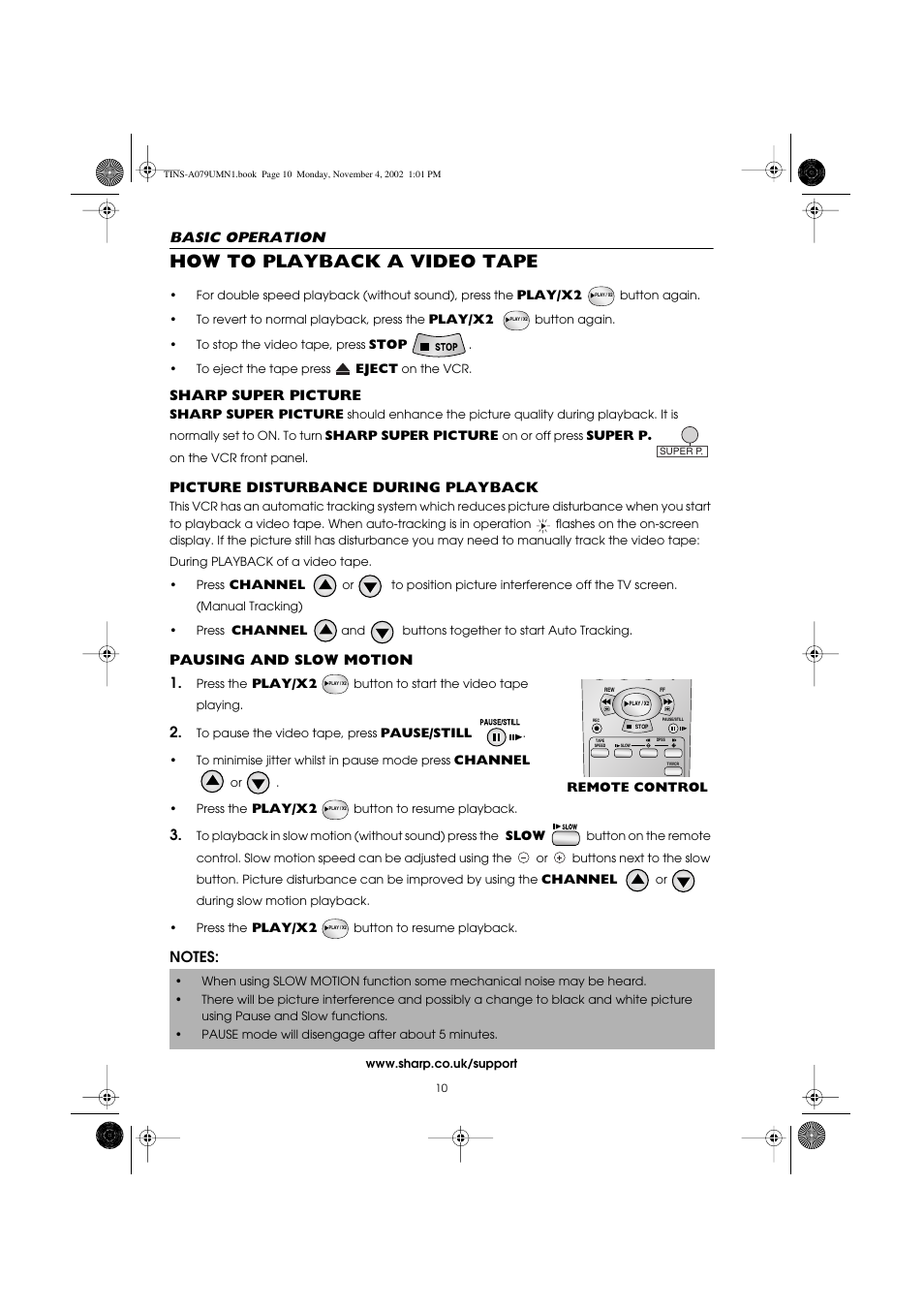 How to playback a video tape, Basic operation, Sharp super picture | Picture disturbance during playback, Pausing and slow motion 1 | Sharp VC-MH715HM User Manual | Page 14 / 43