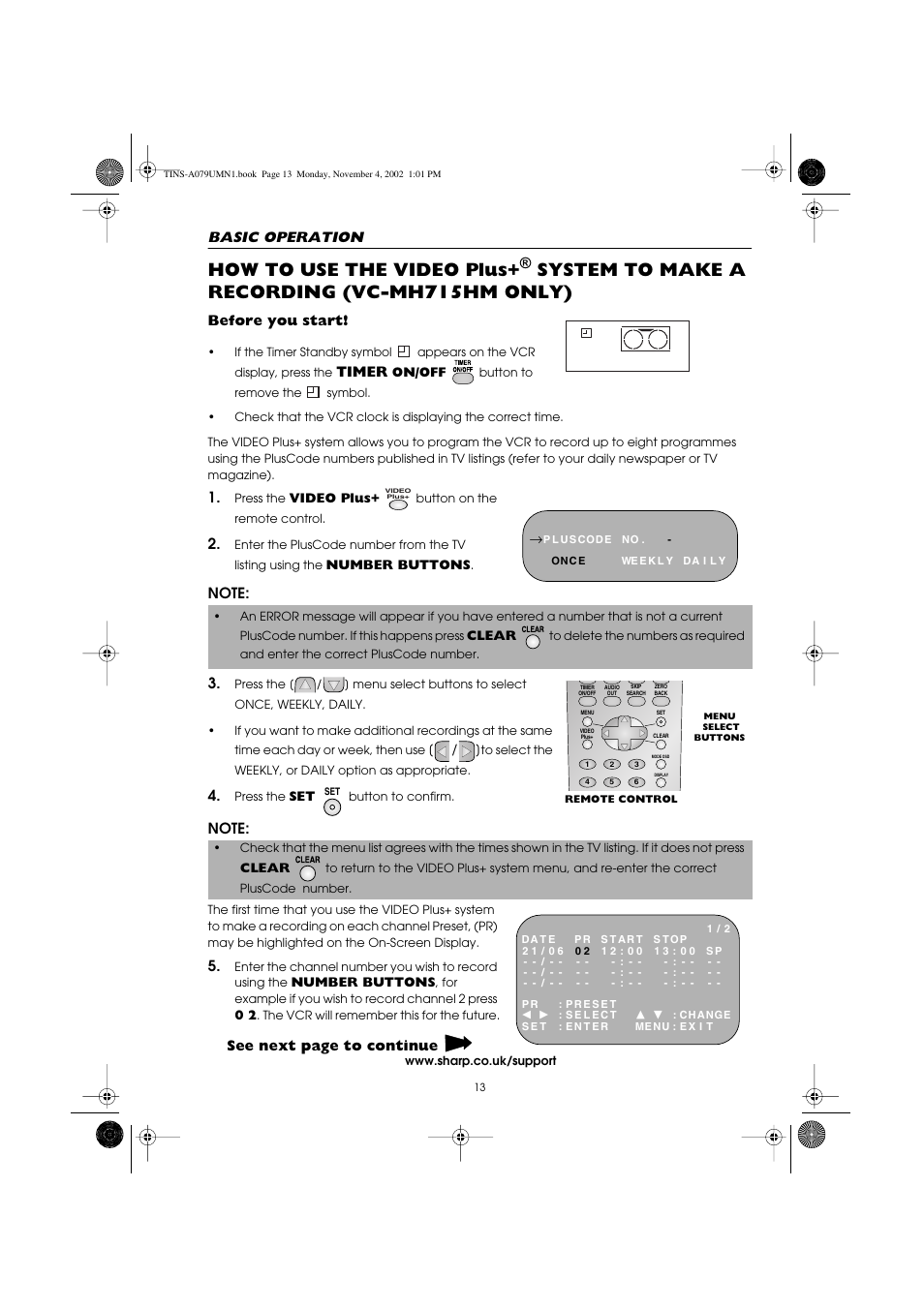 How to use the video plus, System to make a recording (vc-mh715hm only), Basic operation | Before you start, Timer, See next page to continue | Sharp VC-MH715HM User Manual | Page 17 / 43