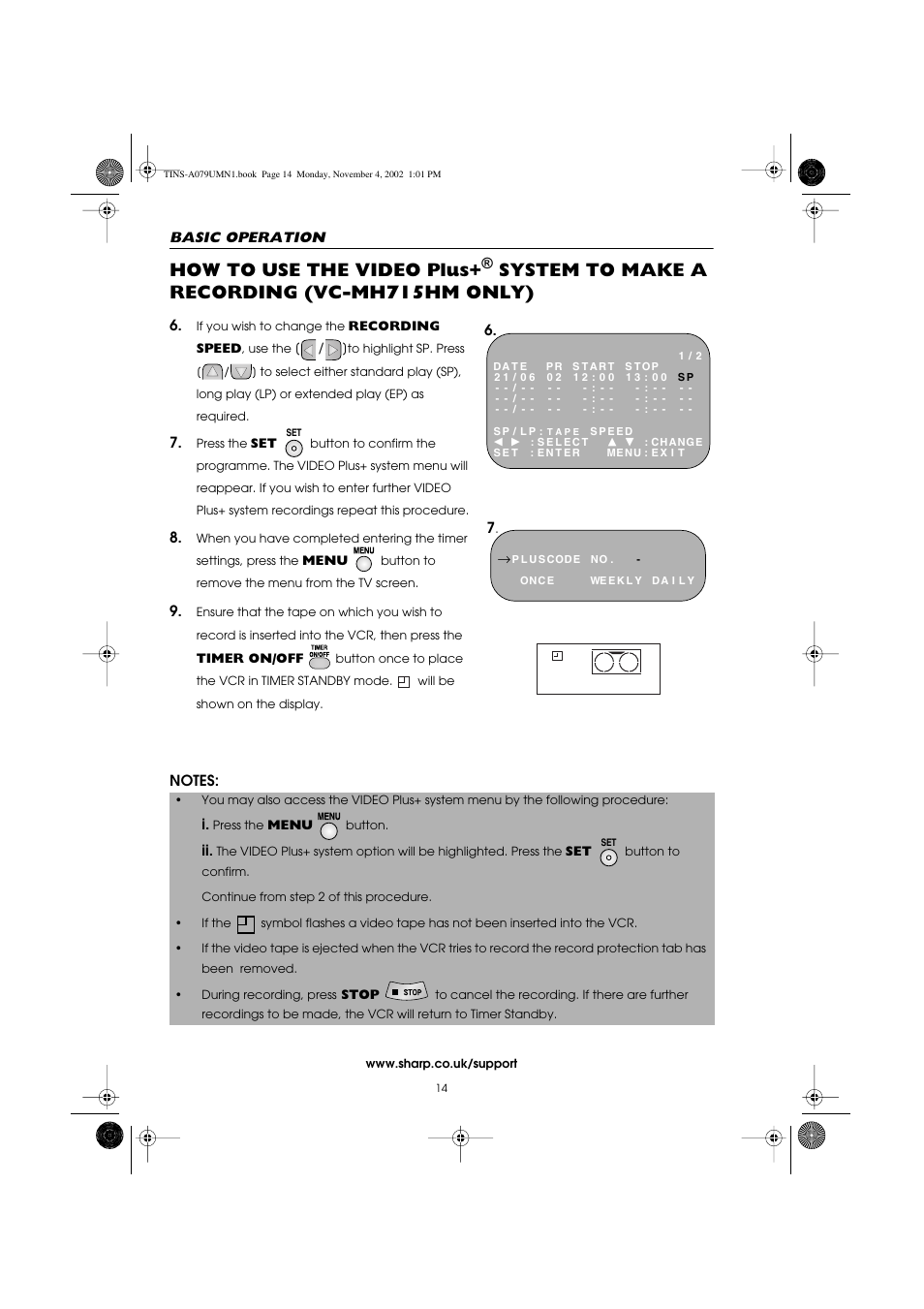 How to use the video plus, System to make a recording (vc-mh715hm only) | Sharp VC-MH715HM User Manual | Page 18 / 43