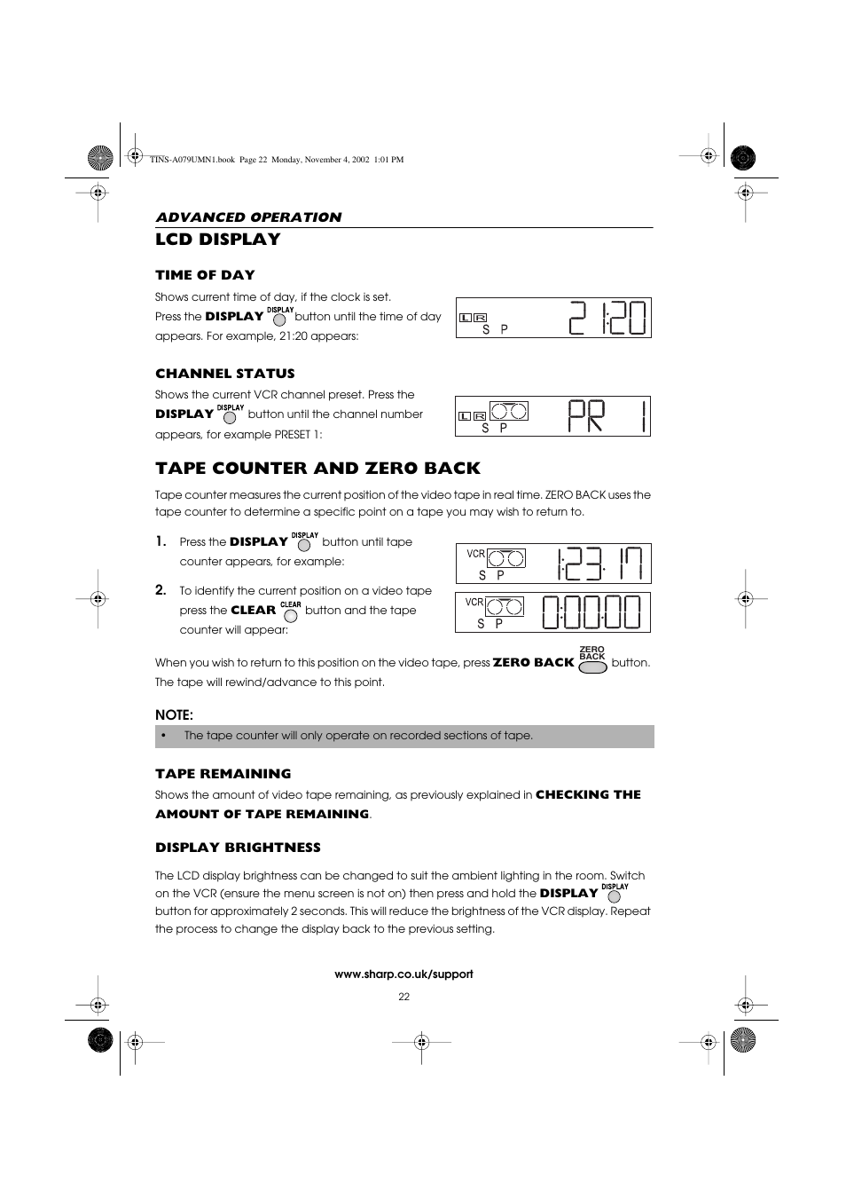 Lcd display, Tape counter and zero back | Sharp VC-MH715HM User Manual | Page 26 / 43