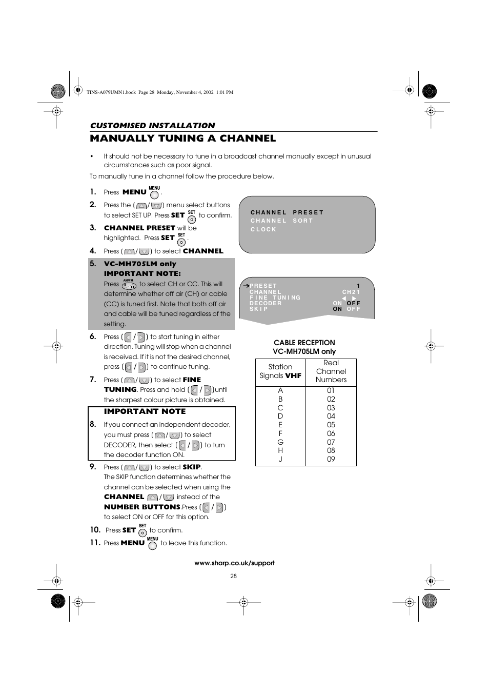 Manually tuning a channel | Sharp VC-MH715HM User Manual | Page 32 / 43