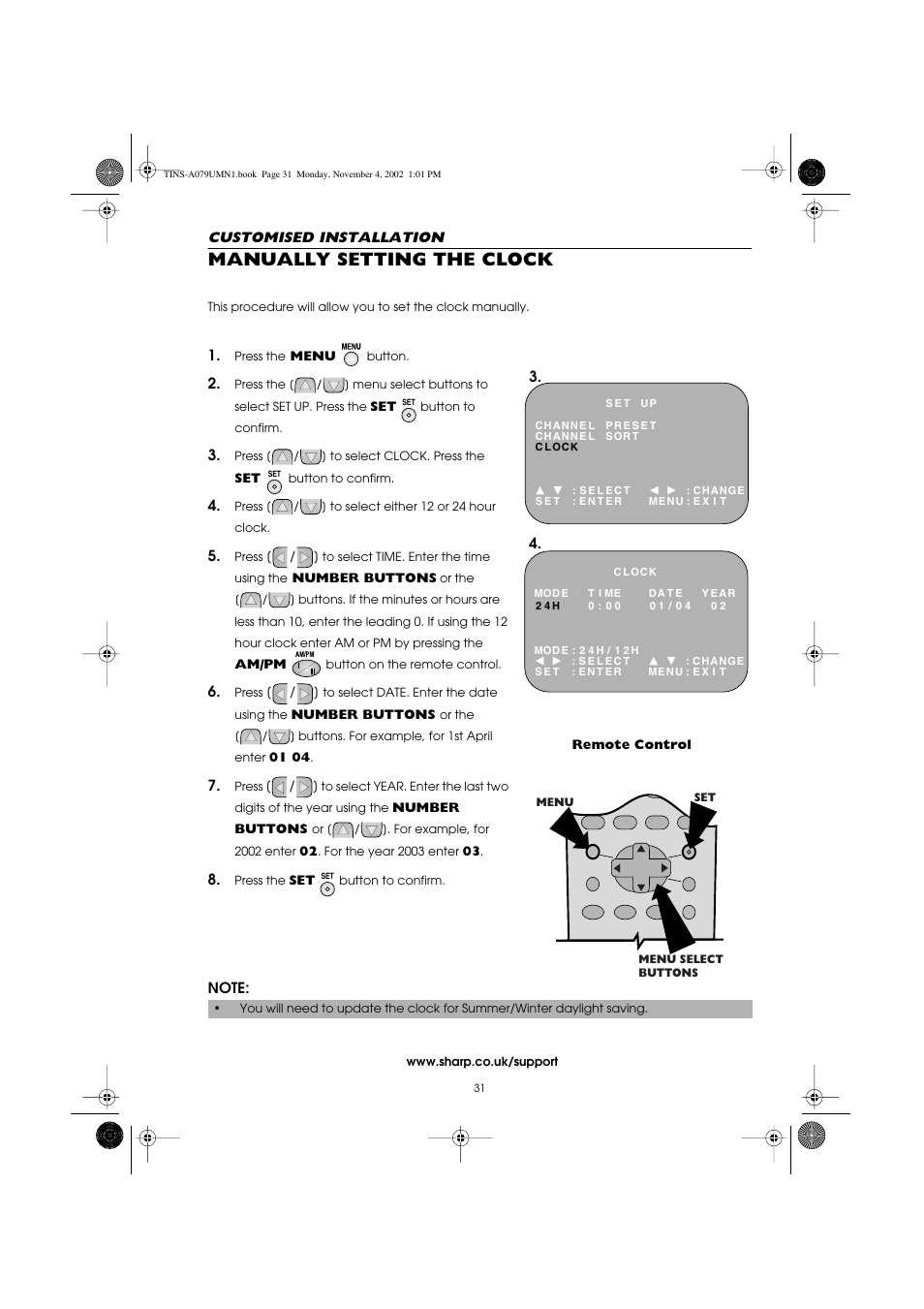 Manually setting the clock | Sharp VC-MH715HM User Manual | Page 35 / 43