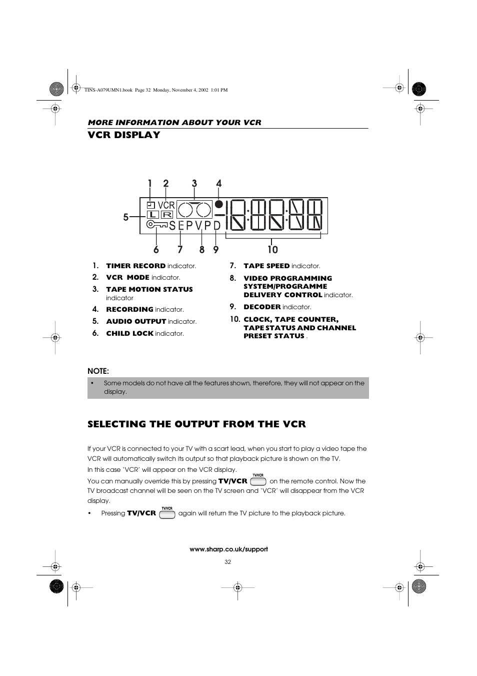 Vcr display, Selecting the output from the vcr | Sharp VC-MH715HM User Manual | Page 36 / 43