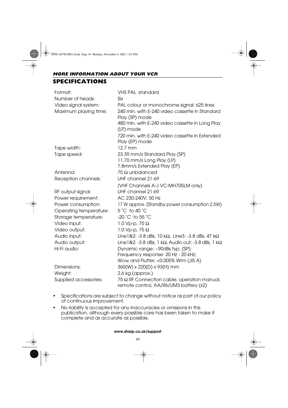 Specifications | Sharp VC-MH715HM User Manual | Page 38 / 43