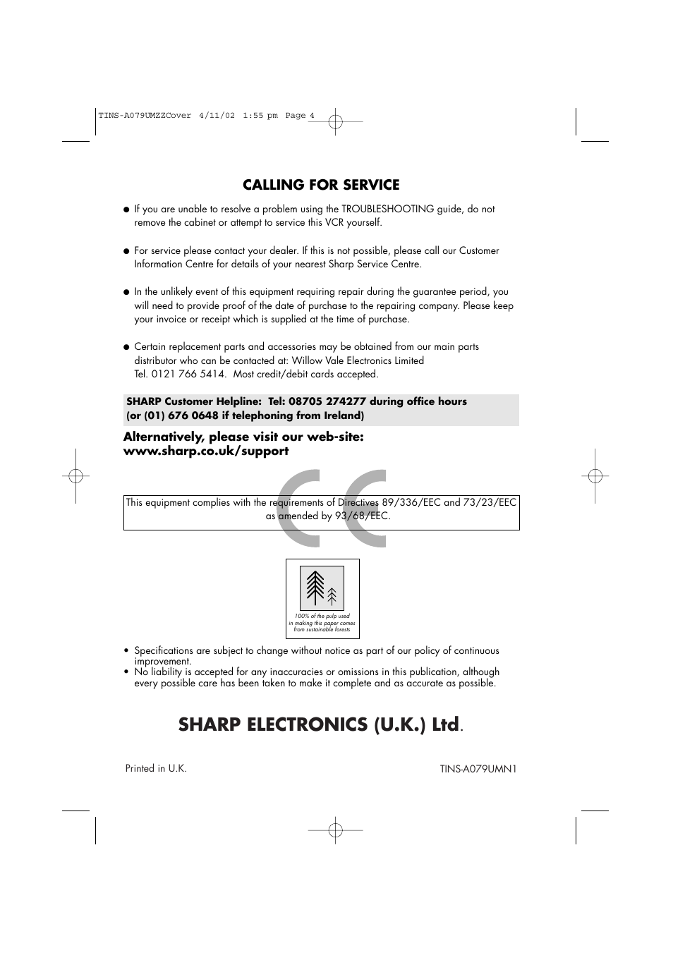 Sharp electronics (u.k.) ltd, Calling for service | Sharp VC-MH715HM User Manual | Page 4 / 43