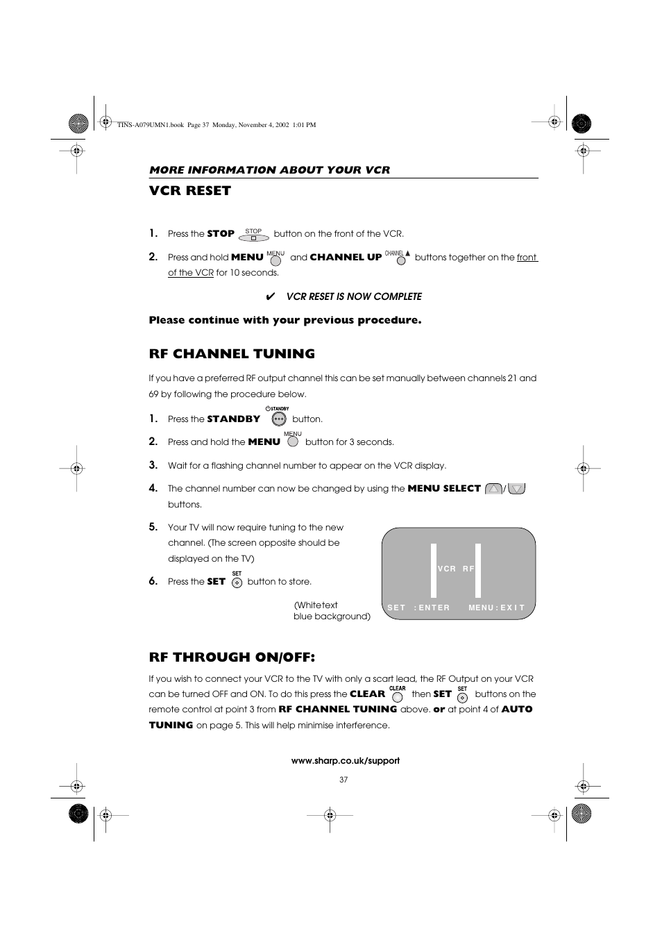 Vcr reset, Rf channel tuning, Rf through on/off | Sharp VC-MH715HM User Manual | Page 41 / 43