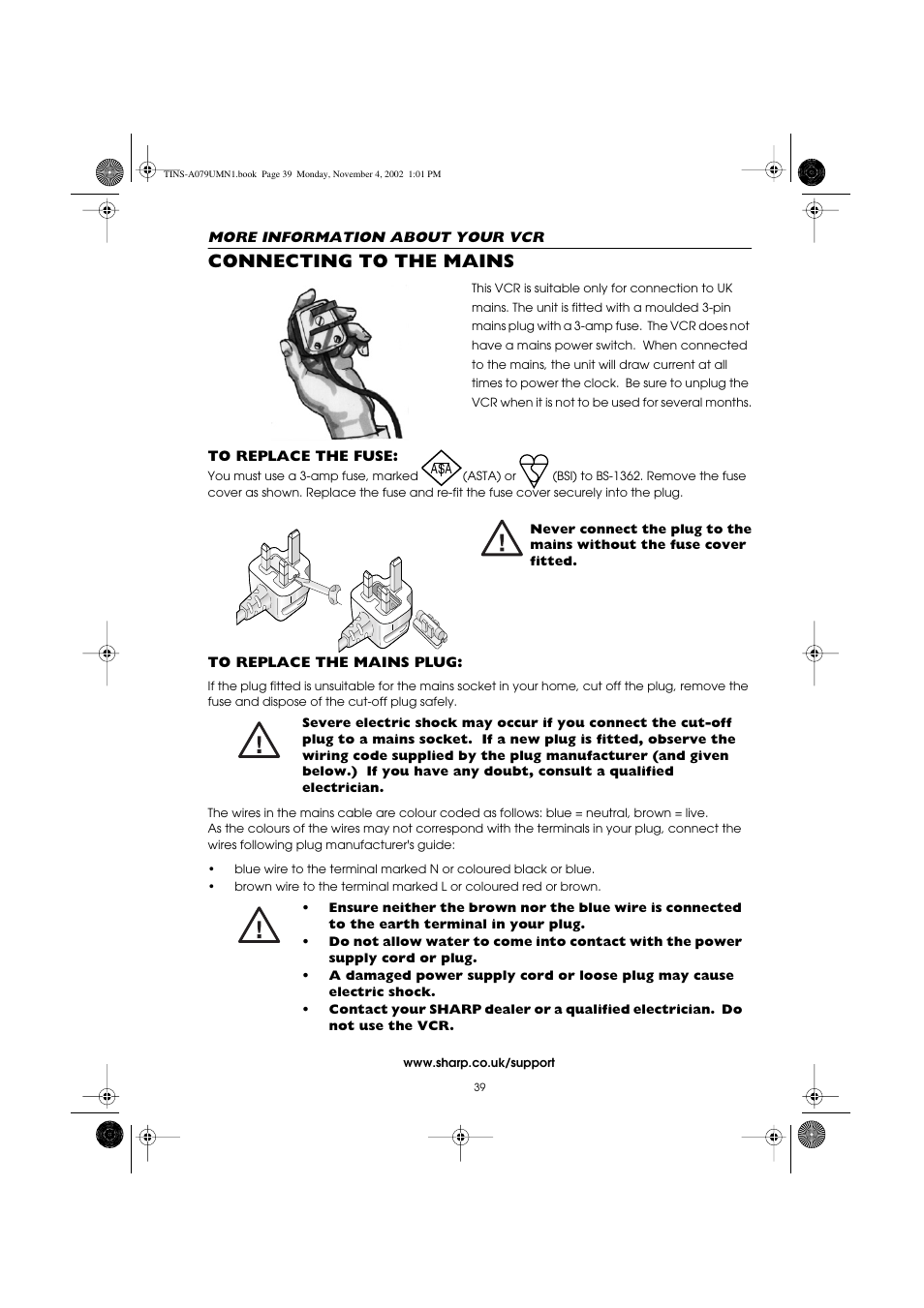 Connecting to the mains | Sharp VC-MH715HM User Manual | Page 43 / 43