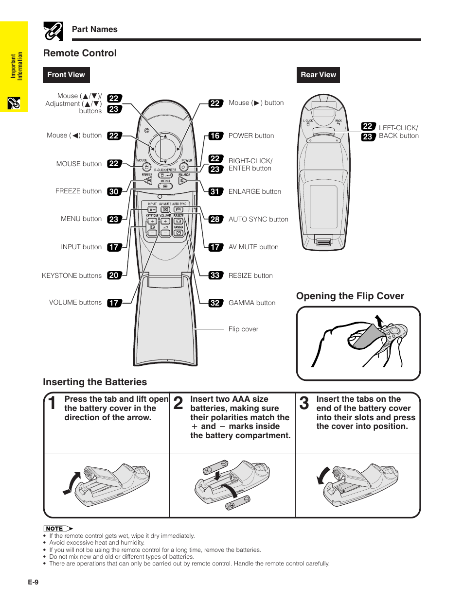 Remote control, Inserting the batteries, Opening the flip cover | Sharp PG-C20XU User Manual | Page 10 / 53