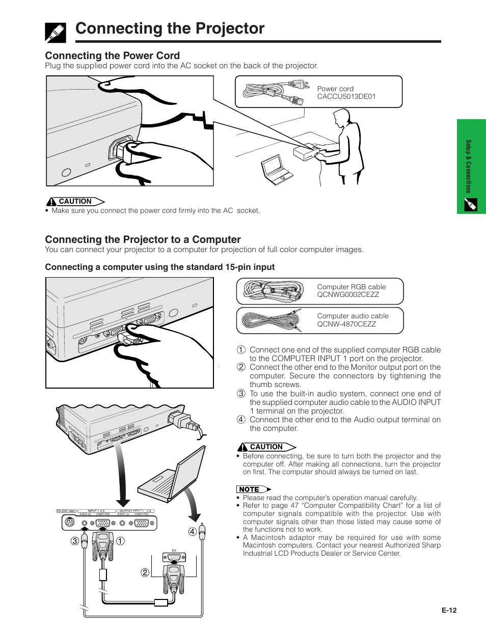 Connecting the projector, Connecting the power cord, Connecting the projector to a computer | Sharp PG-C20XU User Manual | Page 13 / 53