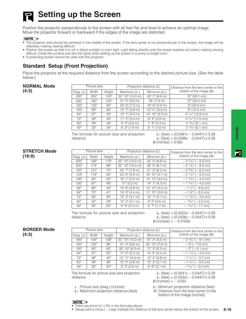 Setting up the screen, Setting up the screen …………………………… 18, Standard setup (front projection) | Normal mode (4:3), Stretch mode (16:9), Border mode (4:3) | Sharp PG-C20XU User Manual | Page 19 / 53