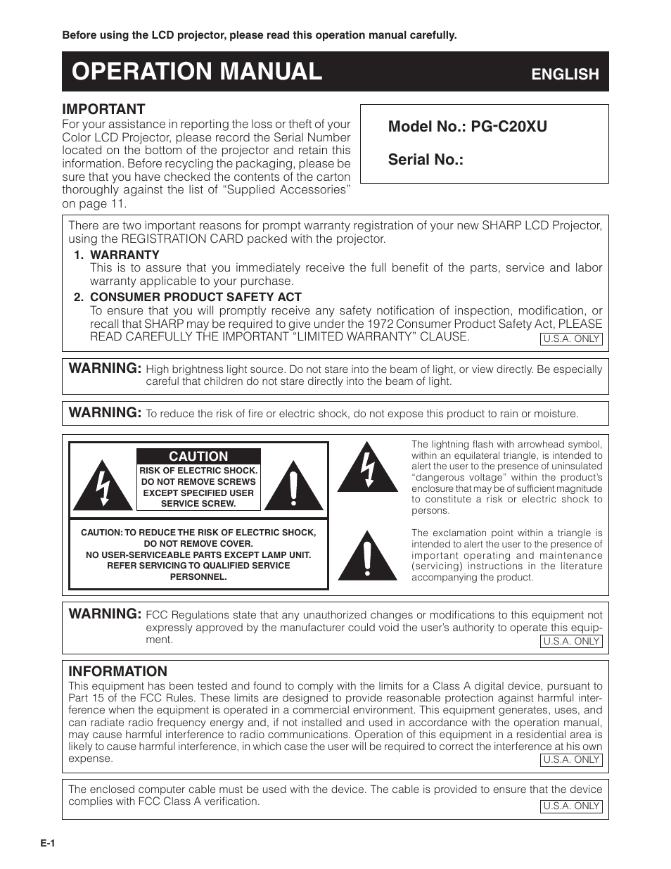 Important information, Important, Information | Operation manual, English model no.: pg-c20xu serial no, Warning | Sharp PG-C20XU User Manual | Page 2 / 53