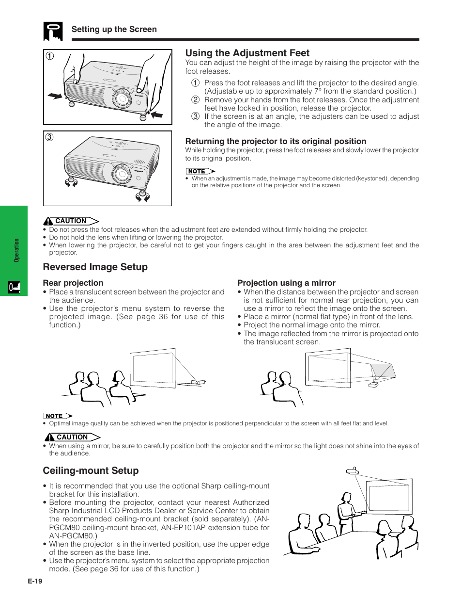 Using the adjustment feet, Reversed image setup, Ceiling-mount setup | Sharp PG-C20XU User Manual | Page 20 / 53