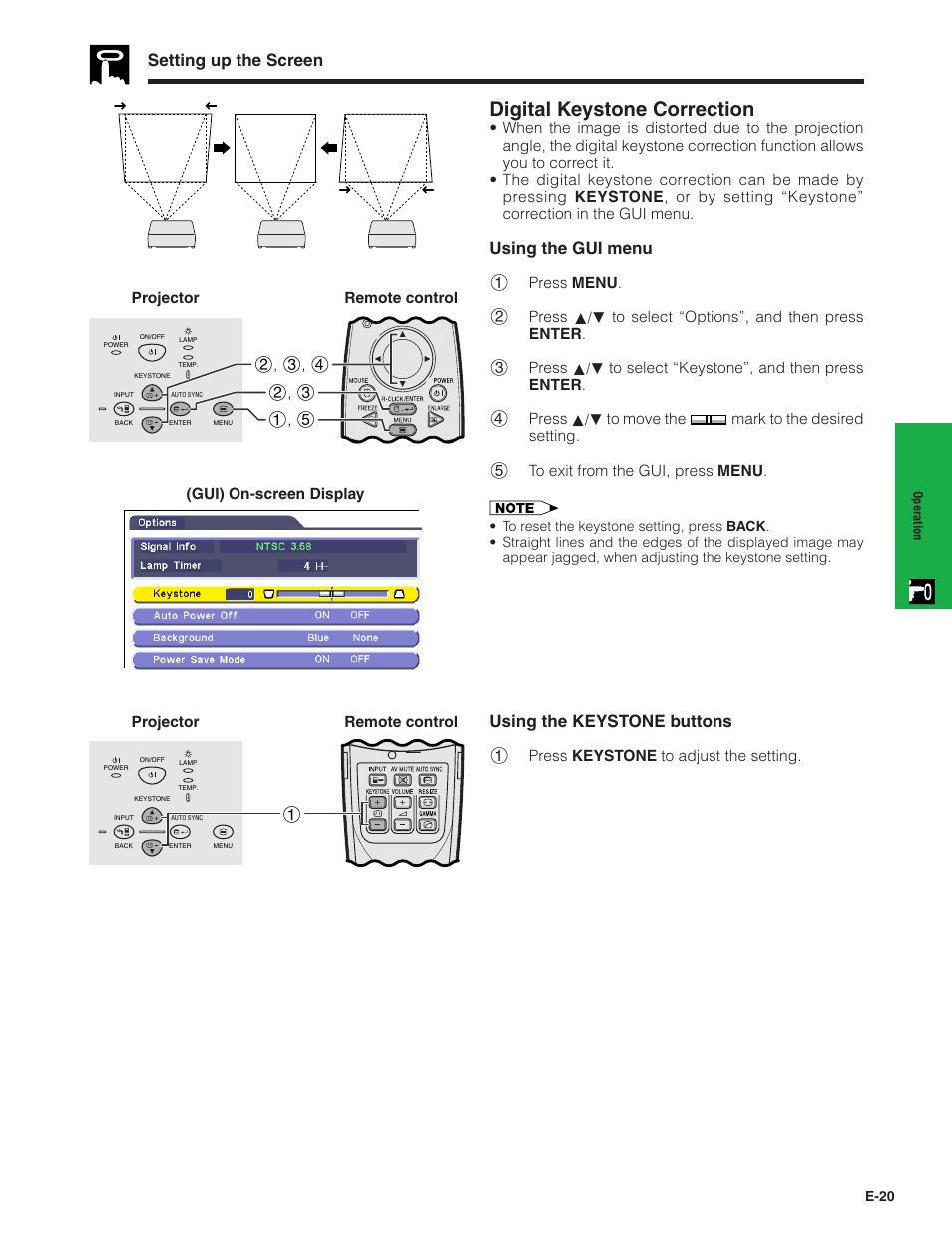 Digital keystone correction, Setting up the screen, Using the gui menu | Using the keystone buttons | Sharp PG-C20XU User Manual | Page 21 / 53