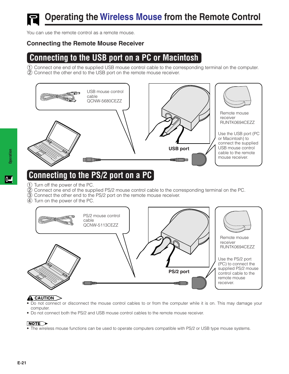 Operating the wireless mouse from the, Remote control, Connecting to the usb port on a pc or macintosh | Connecting to the ps/2 port on a pc | Sharp PG-C20XU User Manual | Page 22 / 53