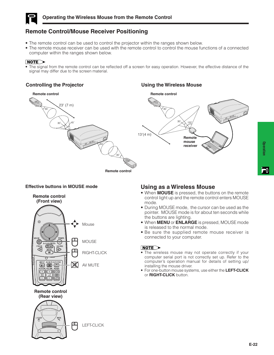 Remote control/mouse receiver positioning, Using as a wireless mouse, Using the wireless mouse | Sharp PG-C20XU User Manual | Page 23 / 53