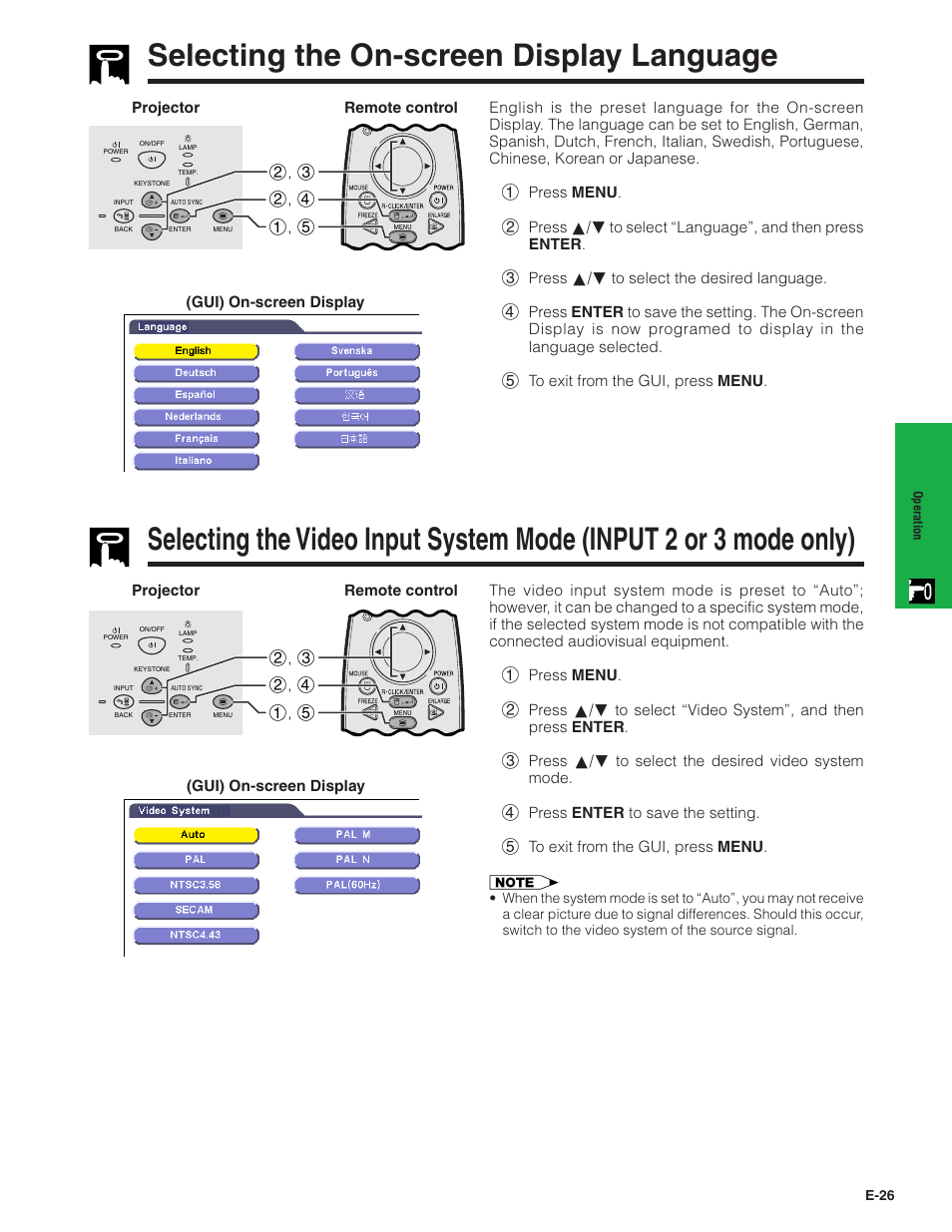 Selecting the on-screen display language, Input 2 or 3 mode only) …………………… 26 | Sharp PG-C20XU User Manual | Page 27 / 53