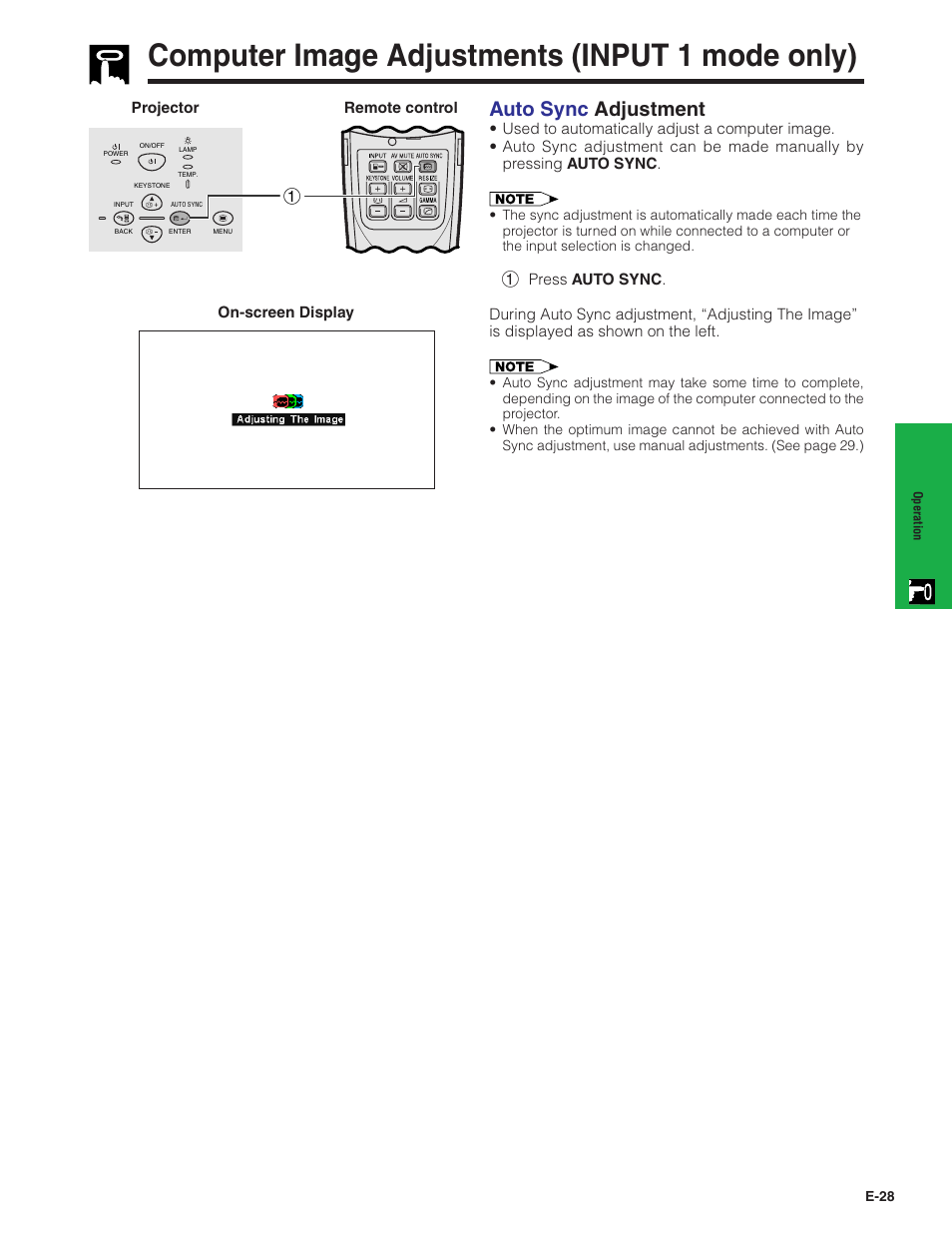 Computer image adjustments (input 1 mode only), Auto sync adjustment, Computer image adjustments | Sharp PG-C20XU User Manual | Page 29 / 53