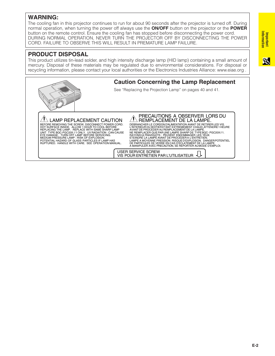 Product disposal, Caution concerning the lamp replacement, Warning | Sharp PG-C20XU User Manual | Page 3 / 53