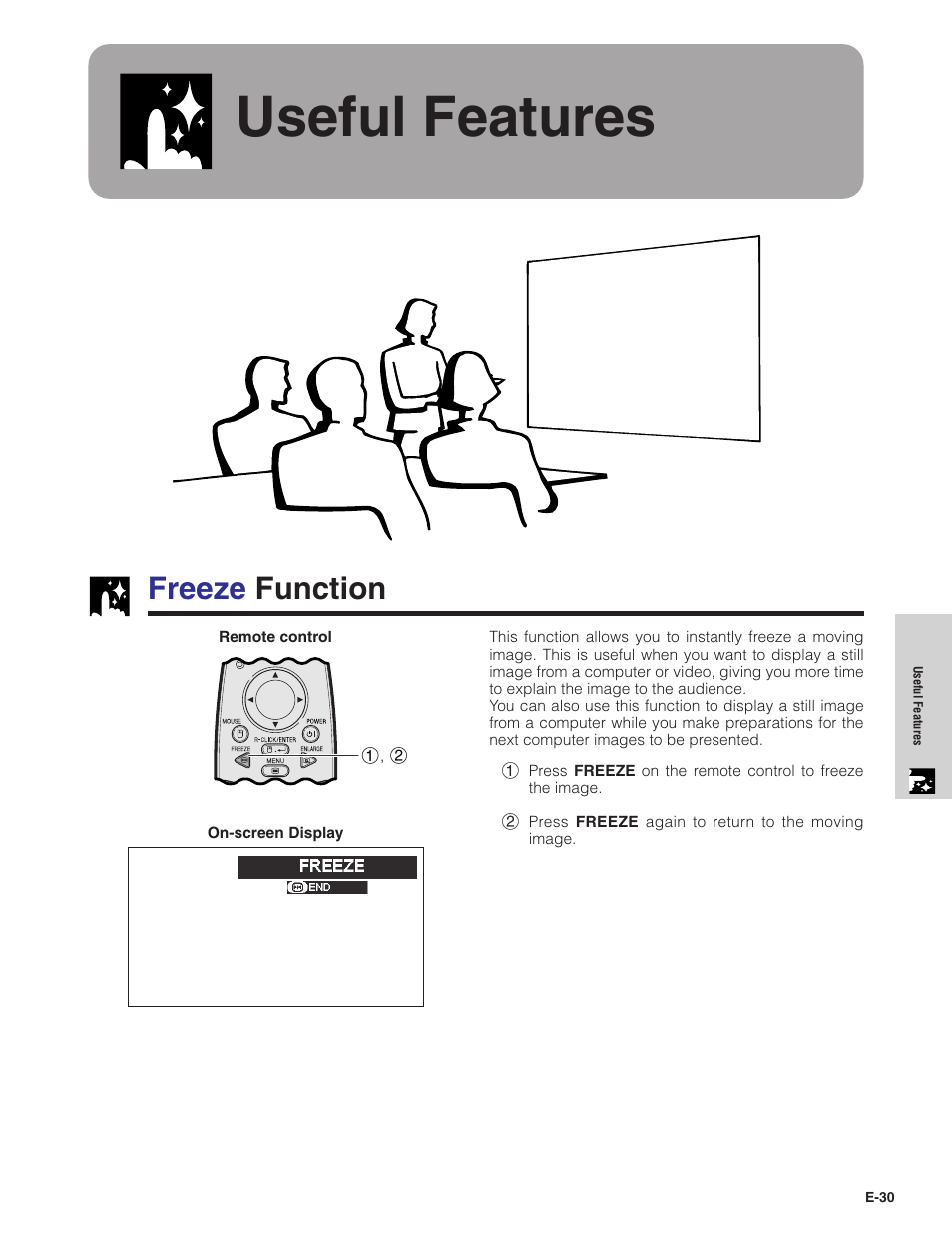 Useful features, Freeze function, Freeze function …………………………………… 30 | Sharp PG-C20XU User Manual | Page 31 / 53