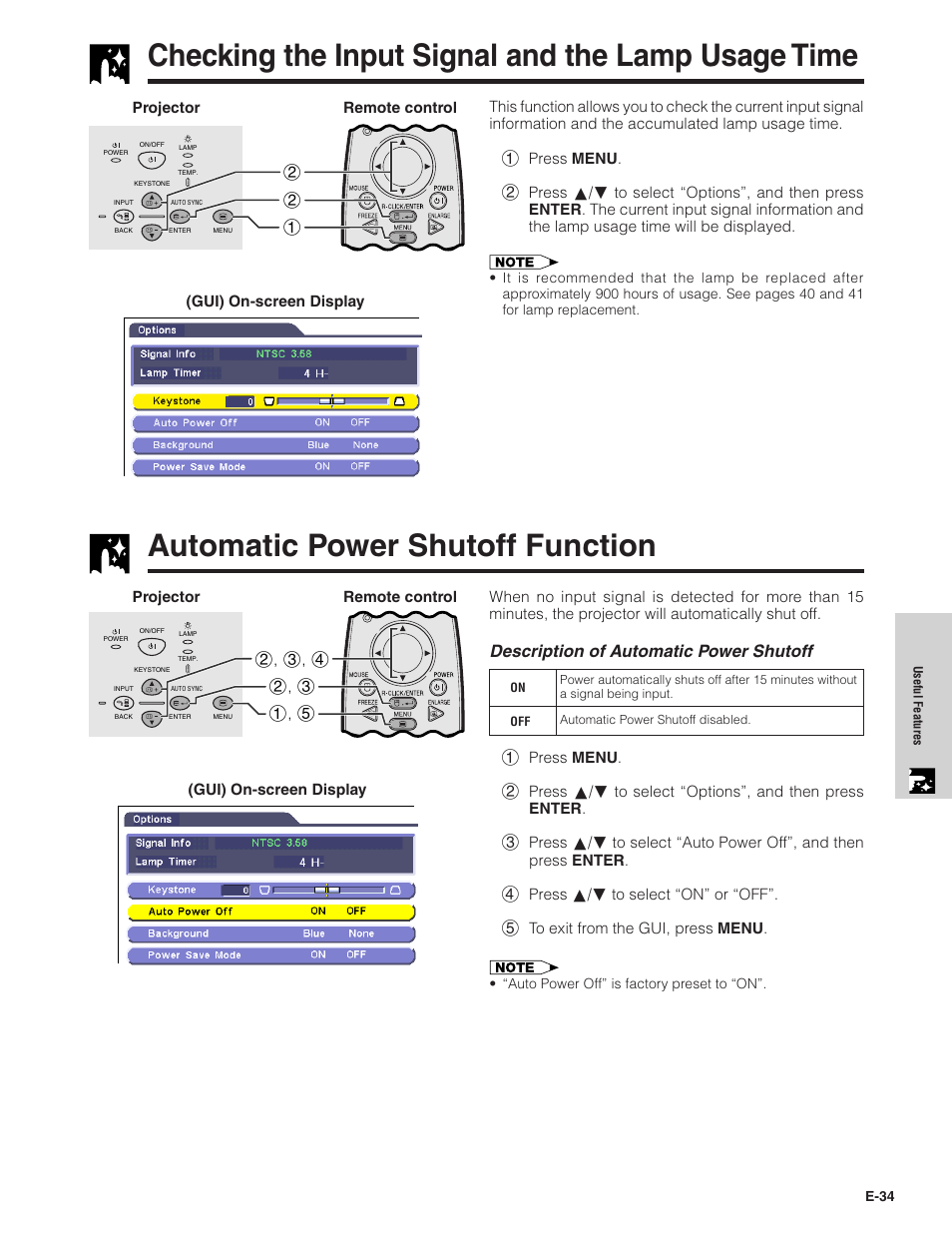 Checking the input signal and the lamp usage time, Automatic power shutoff function, Checking the input signal | And the lamp usage time …………………… 34, Automatic power shutoff function …………… 34, Description of automatic power shutoff | Sharp PG-C20XU User Manual | Page 35 / 53