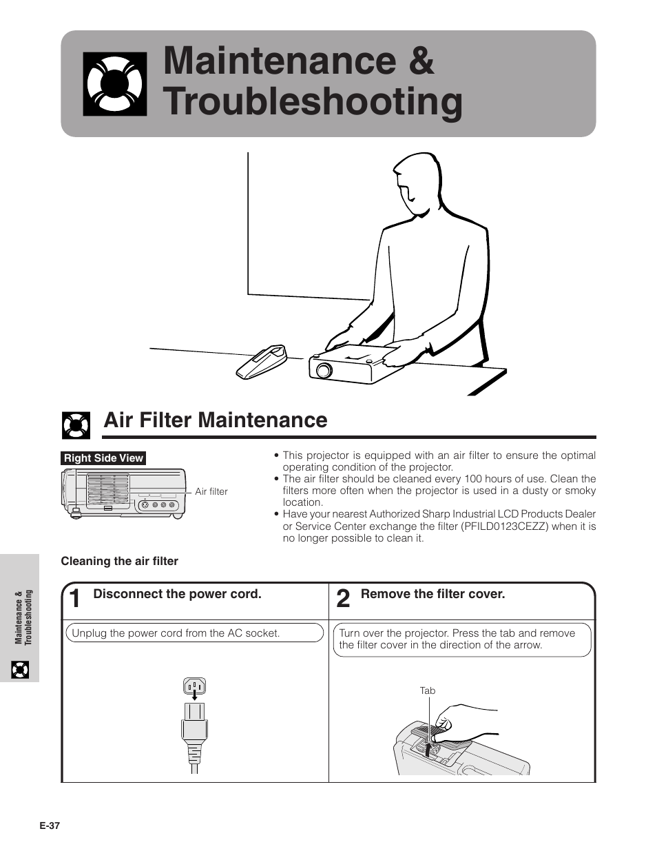 Maintenance & troubleshooting, Air filter maintenance, Maintenance | Oubleshooting, Air filter maintenance …………………………… 37 | Sharp PG-C20XU User Manual | Page 38 / 53