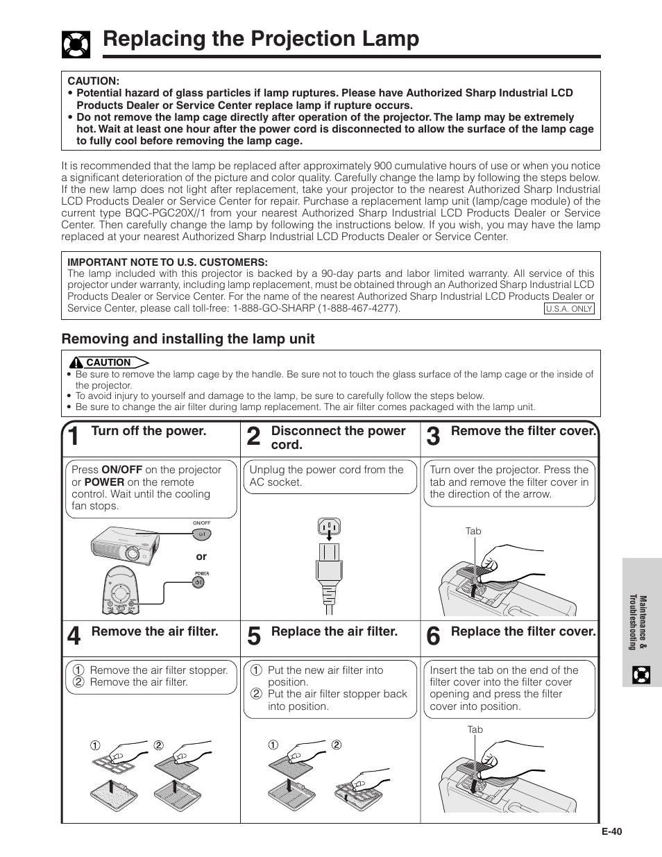 Replacing the projection lamp, Replacing the projection lamp ………………… 40 | Sharp PG-C20XU User Manual | Page 41 / 53