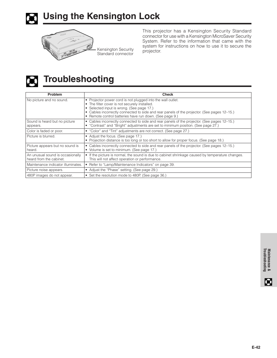 Using the kensington lock, Troubleshooting, Troubleshooting …………………………………… 42 | Sharp PG-C20XU User Manual | Page 43 / 53