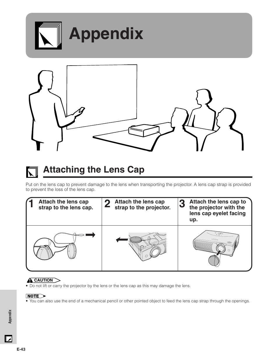 Appendix, Attaching the lens cap, Attaching the lens cap ………………………… 43 | Sharp PG-C20XU User Manual | Page 44 / 53