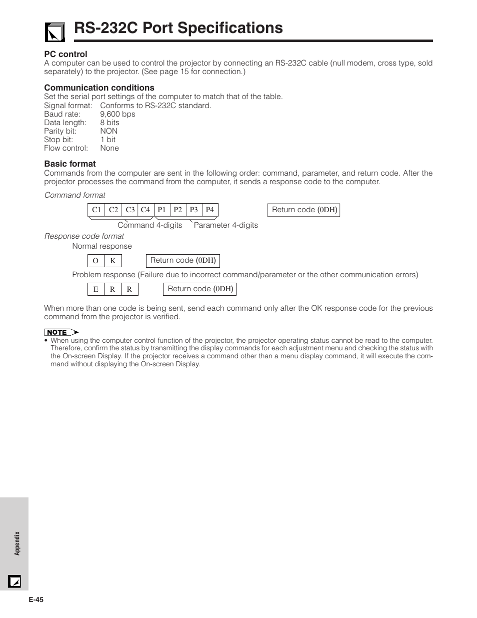 Rs-232c port specifications, Rs-232c port specifications …………………… 45 | Sharp PG-C20XU User Manual | Page 46 / 53