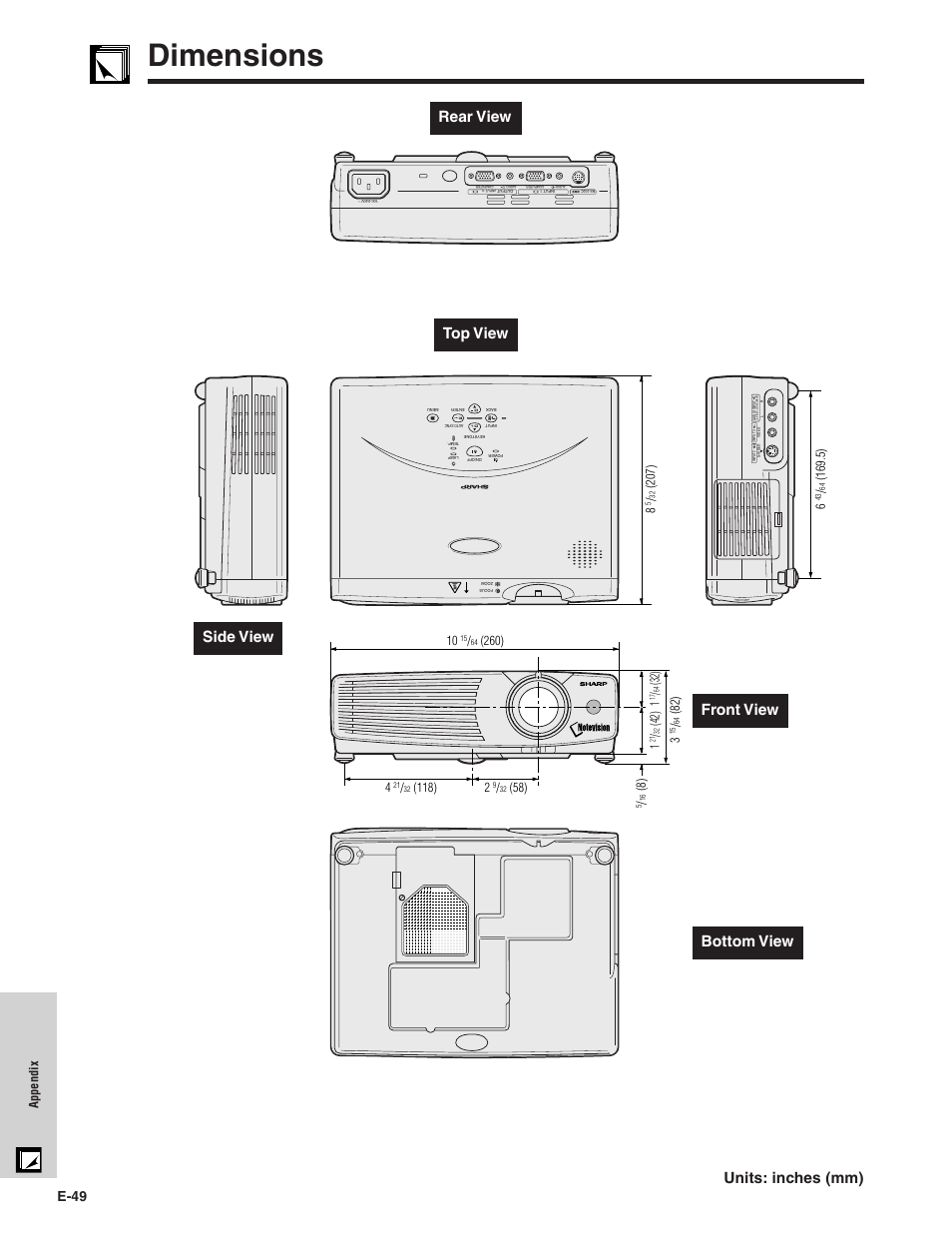 Dimensions, Dimensions ………………………………………… 49, Units: inches (mm) top view rear view | Side view front view bottom view, E-49, Appendix | Sharp PG-C20XU User Manual | Page 50 / 53