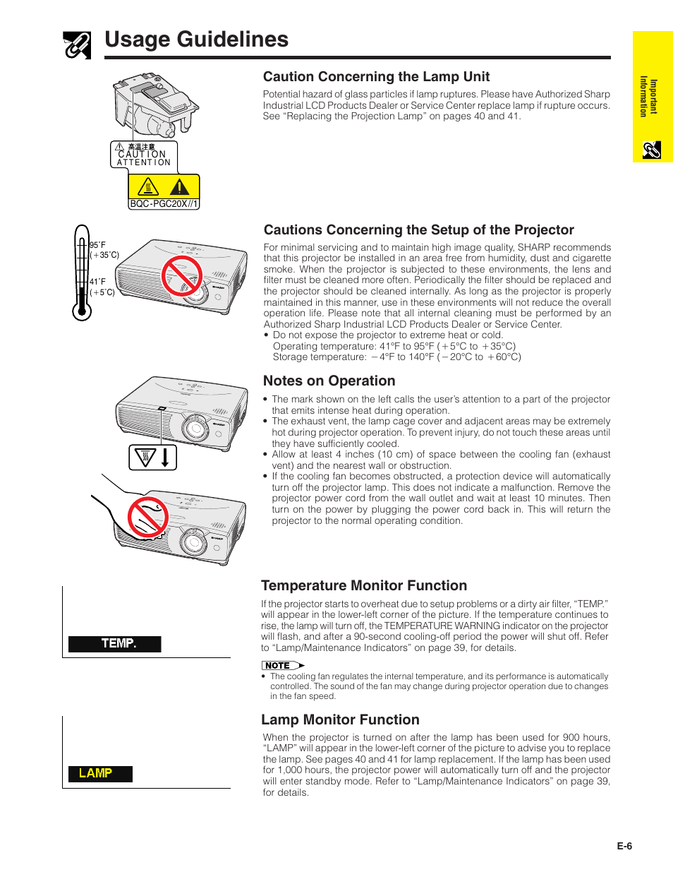 Usage guidelines, Temperature monitor function, Lamp monitor function | Caution concerning the lamp unit, Cautions concerning the setup of the projector | Sharp PG-C20XU User Manual | Page 7 / 53