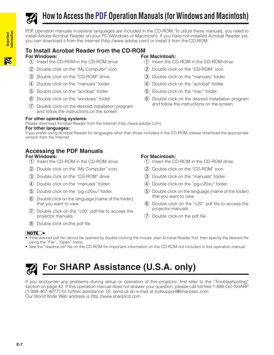 For sharp assistance (u.s.a. only), How to access the pdf operation manuals, For windows and macintosh) | Accessing the pdf manuals | Sharp PG-C20XU User Manual | Page 8 / 53
