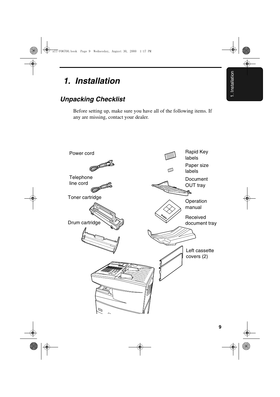 Installation, Unpacking checklist | Sharp FO-6700 User Manual | Page 11 / 208