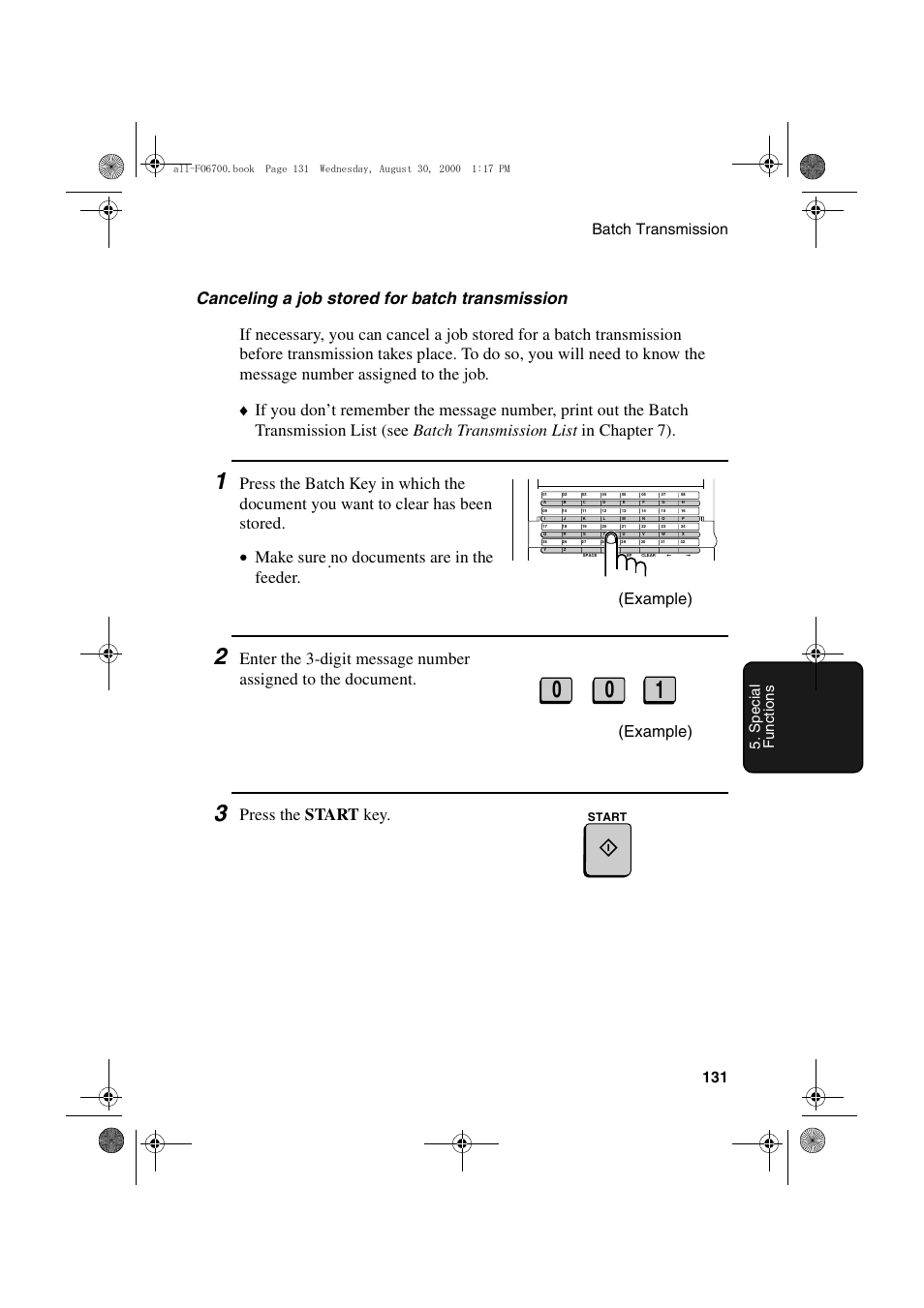 Press the start key, Example), Batch transmission 131 5. spec ial func ti ons | Start | Sharp FO-6700 User Manual | Page 133 / 208