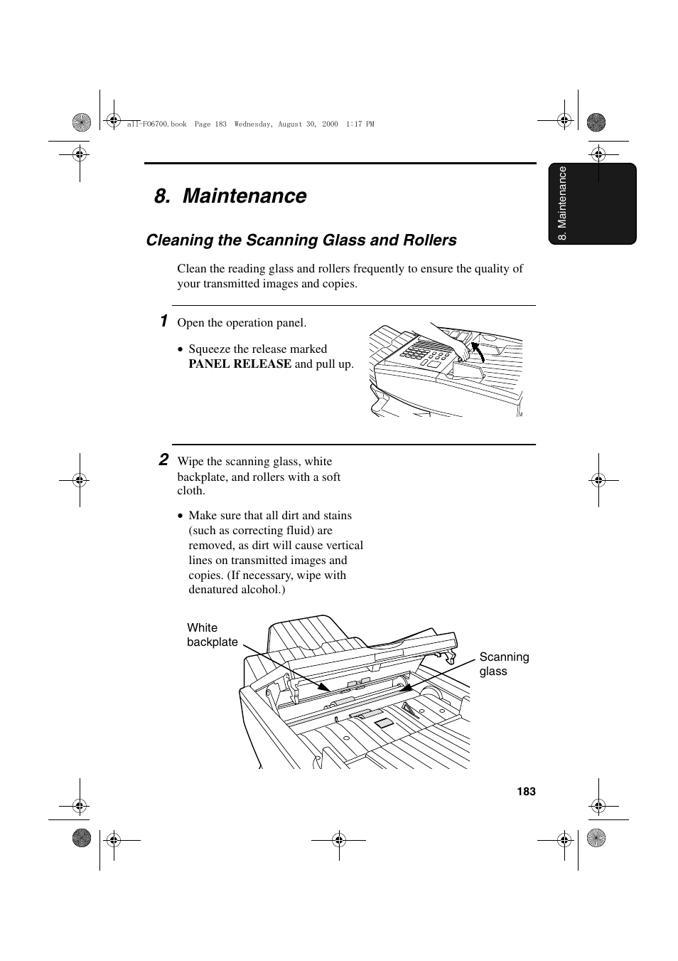 Maintenance, Cleaning the scanning glass and rollers | Sharp FO-6700 User Manual | Page 185 / 208