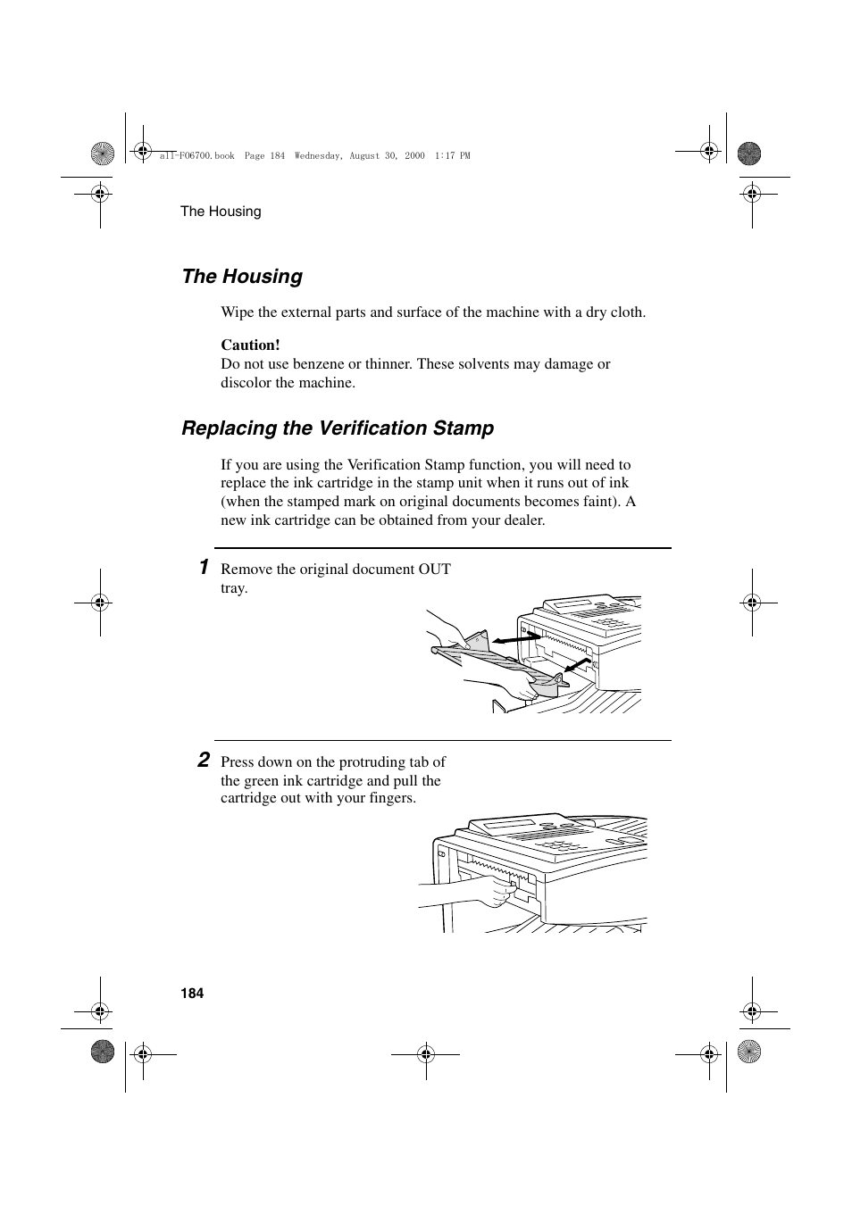 The housing, Replacing the verification stamp | Sharp FO-6700 User Manual | Page 186 / 208