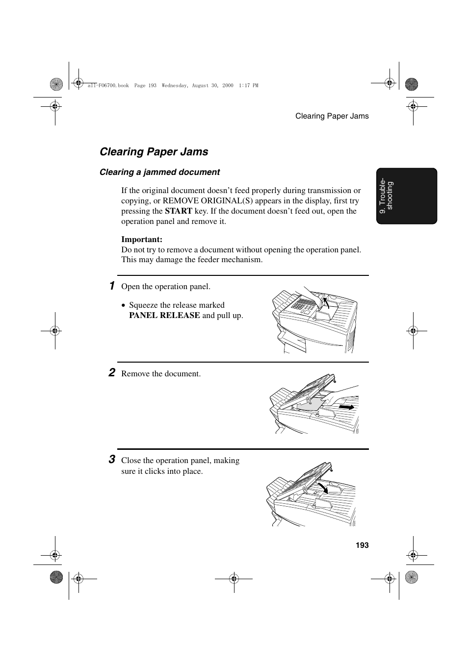 Clearing paper jams | Sharp FO-6700 User Manual | Page 195 / 208