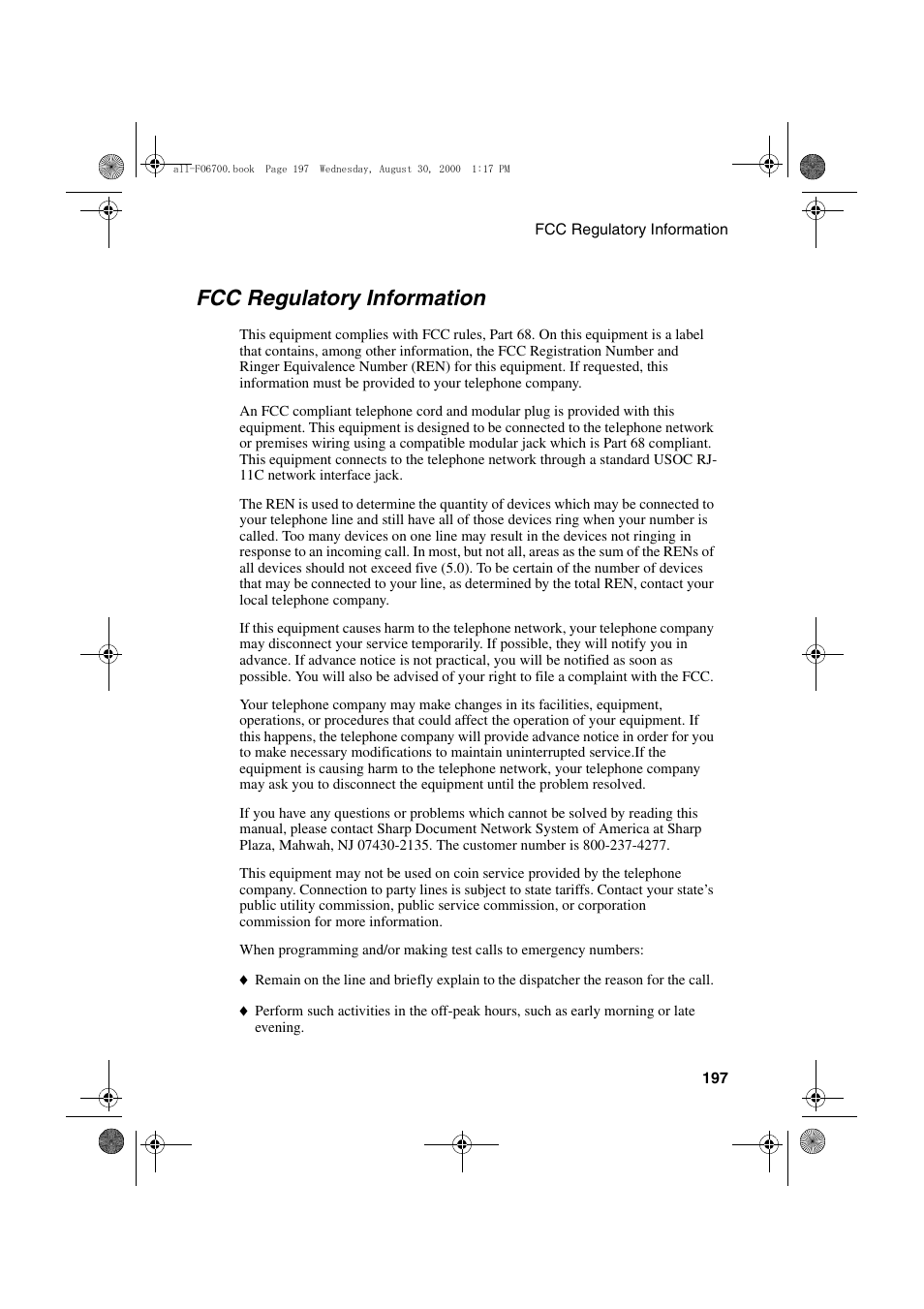 Fcc regulatory information | Sharp FO-6700 User Manual | Page 199 / 208